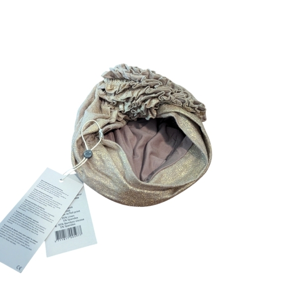 New Turban Christine Headwear Aimee Turban taupe foil Neutral print linen NWT - Picture 3 of 9